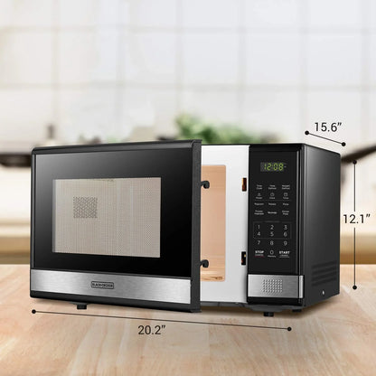 EM031MB11 Digital Microwave Oven with Turntable Push-Button Door, Child Safety Lock, 1000W, 1.1Cu.Ft, Black & Stainless Steel, 1.1 Cu.Ft