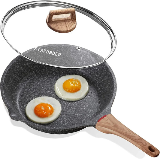 Induction Nonstick Skillet Frying Pan with Lid,Swiss Granite Omelette Pan, Scratch-Resistant Safe Cookware Set，Pfoa Free(8 Inch)