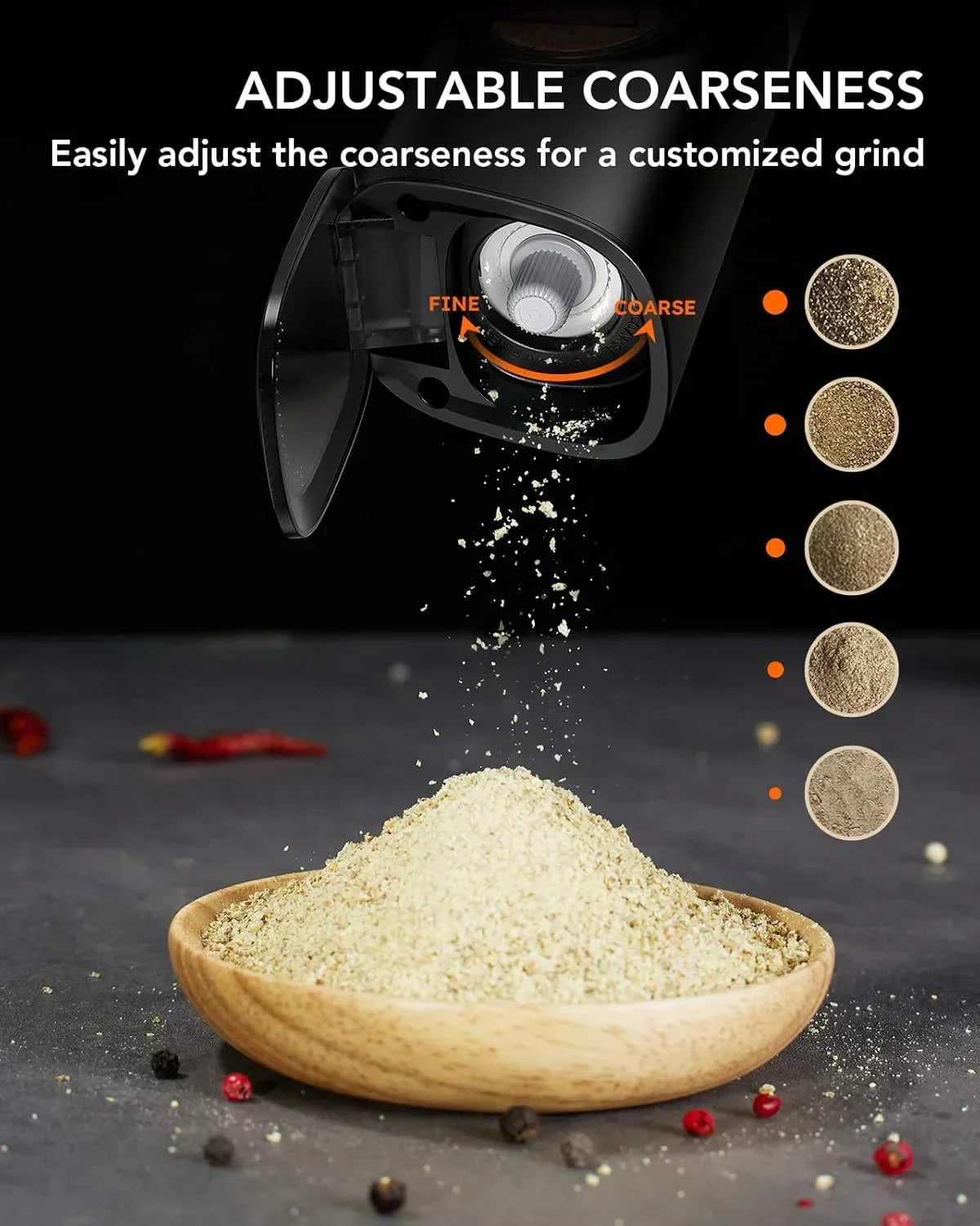 Adjustable electric spice grinder with fine to coarse settings, grinding fresh pepper into wooden bowl