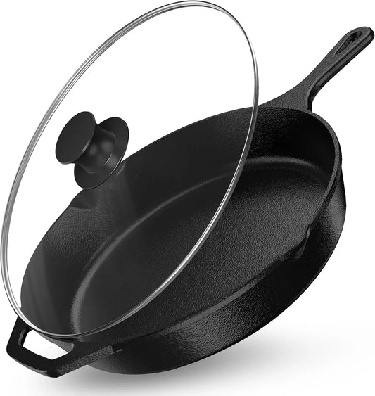 Premium Saute Frying Pan 12 Inch, Cast Iron Chefs Pan, Pre Seasoned Cast Iron Skillet with Lid, Safe Grill Cookware for Indoor & Outdoor Use, Black