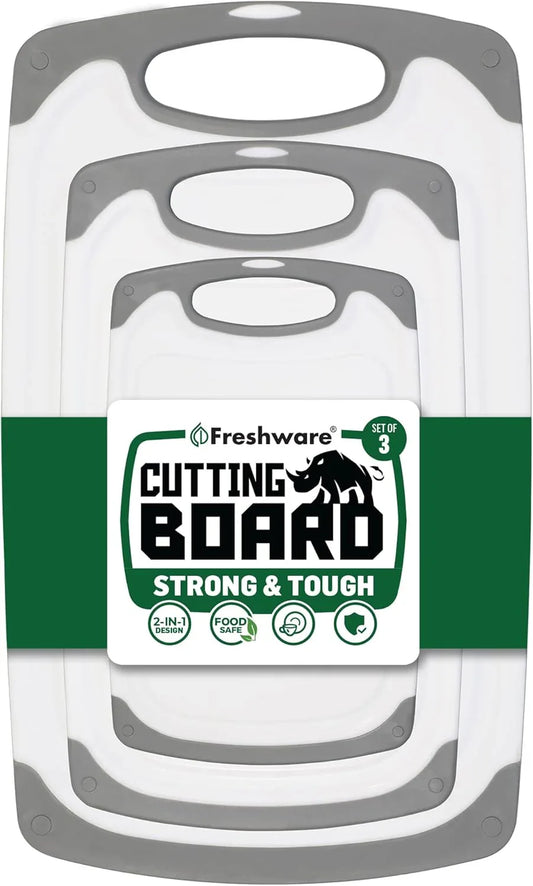 Cutting Boards for Kitchen, Chopping Board 3-Pack with Different Sizes, Juice Grooves and Non Slip Handles - Reversible, Large Cutting Board Set - Dishwasher Safe - Gray