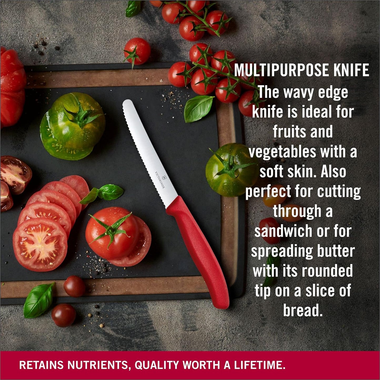 6.7831 Swiss Classic Tomato and Table Knife Ideal for Cutting Fruits and Vegetables with Soft Skin Serrated Blade in Red, 4.3 Inches