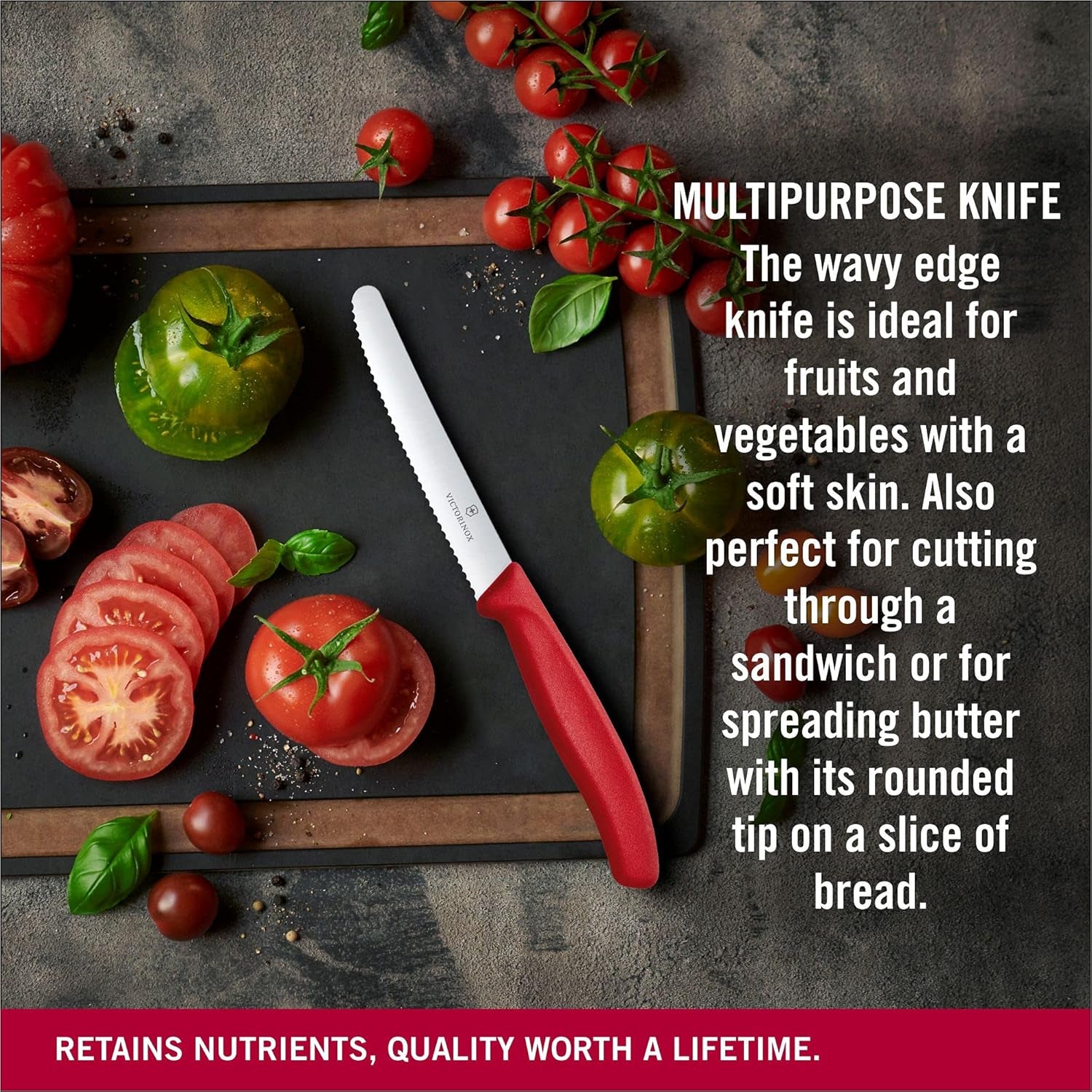 6.7831 Swiss Classic Tomato and Table Knife Ideal for Cutting Fruits and Vegetables with Soft Skin Serrated Blade in Red, 4.3 Inches
