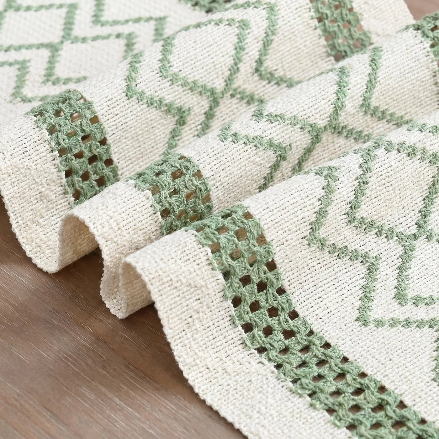 Sage Green Stripe Diamond Pattern Woven Table Runner, Seasonal Holiday Hollow Kitchen Dining Table Decoration for Home Party Decor 12X72 Inch