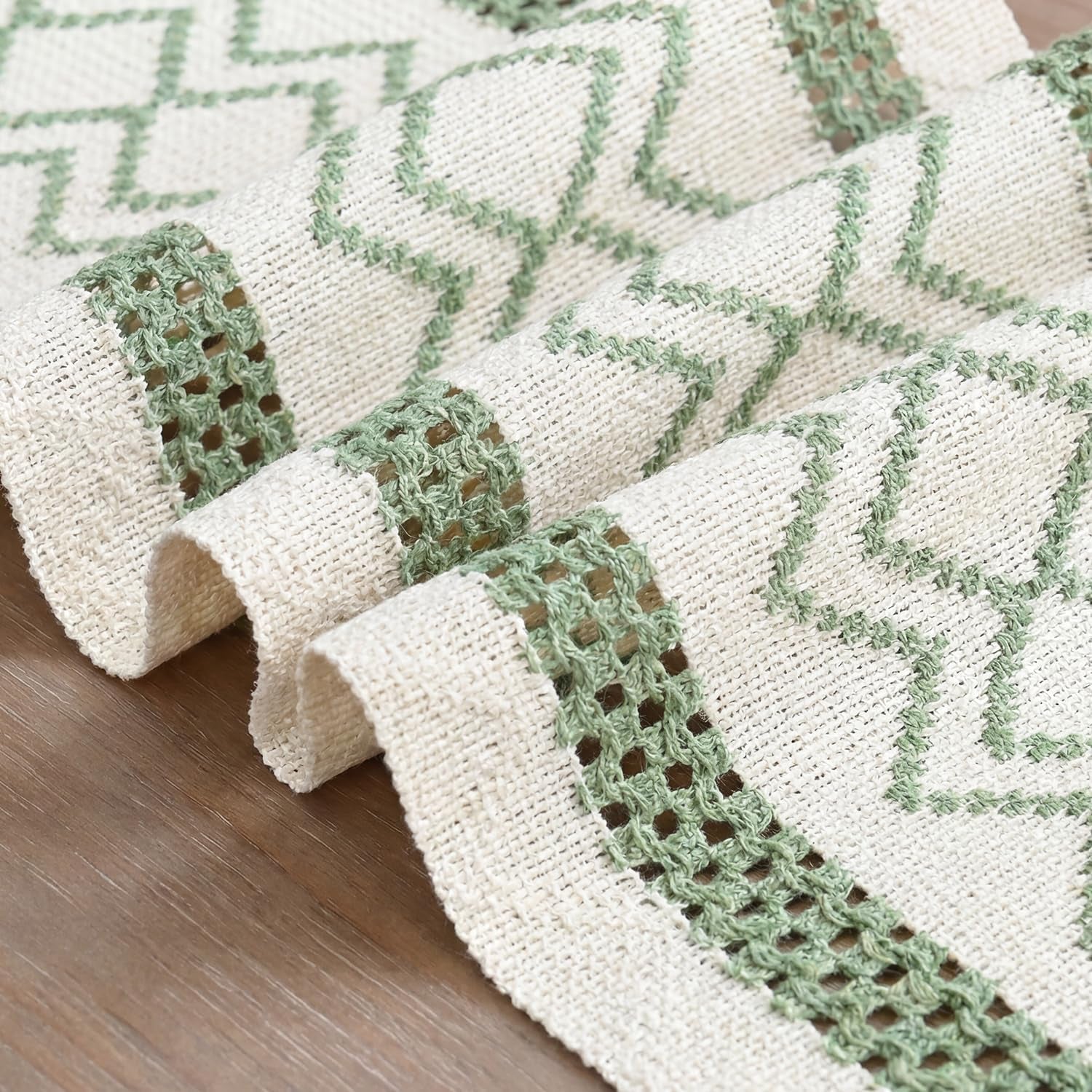 Sage Green Stripe Diamond Pattern Woven Table Runner, Seasonal Holiday Hollow Kitchen Dining Table Decoration for Home Party Decor 12X72 Inch