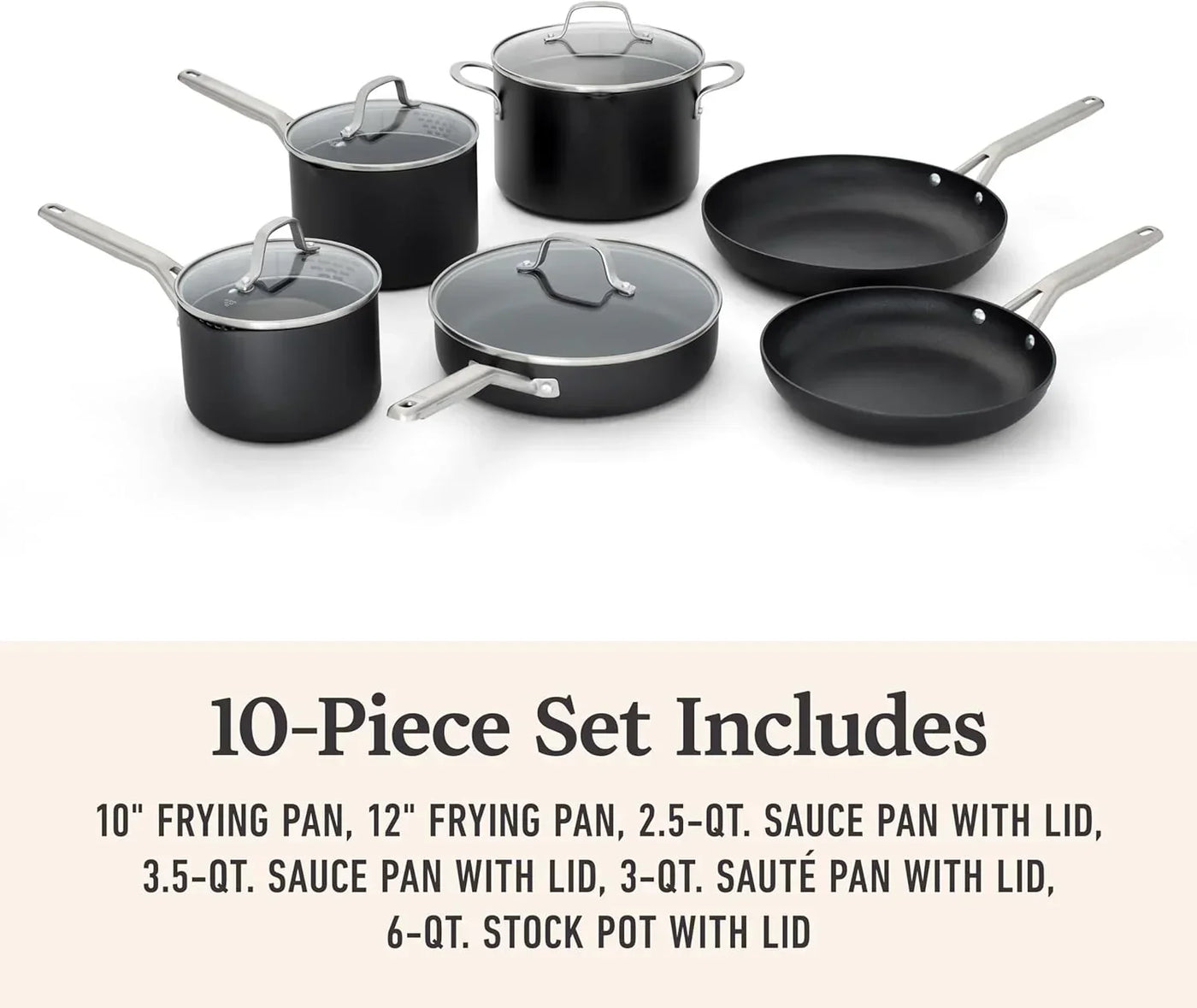 10-piece nonstick cookware set with frying pans, saucepans, sauté pan, and stock pot with glass lids