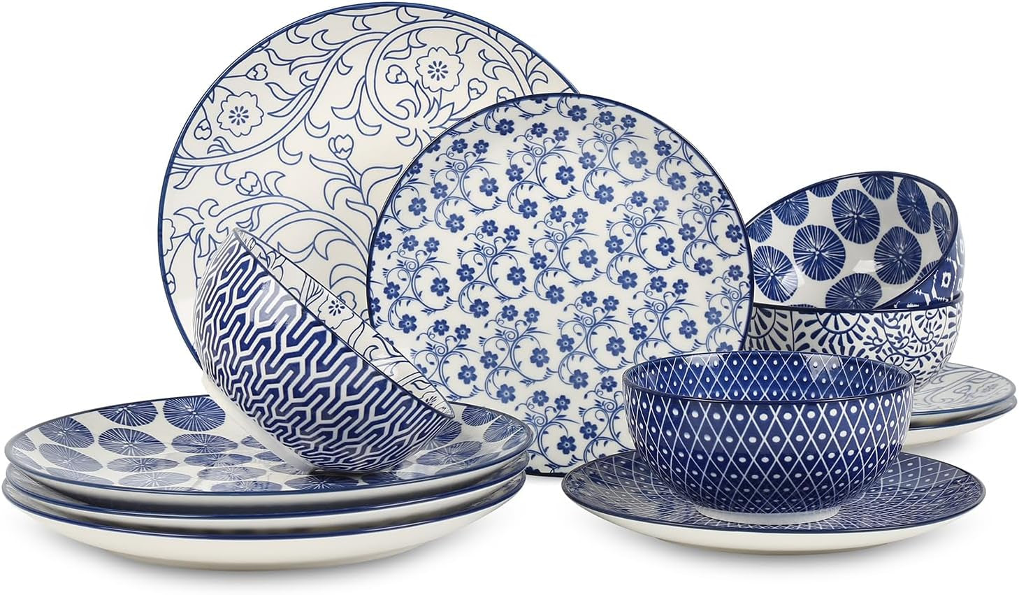 Ceramic Dinnerware Sets, 12-Pieces Plates and Bowls Sets, Scratch Resistant Dishes Set for 4, Dishwasher & Microwave Safe,Vintage Blue