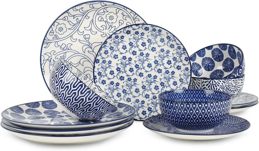 Ceramic Dinnerware Sets, 12-Pieces Plates and Bowls Sets, Scratch Resistant Dishes Set for 4, Dishwasher & Microwave Safe,Vintage Blue
