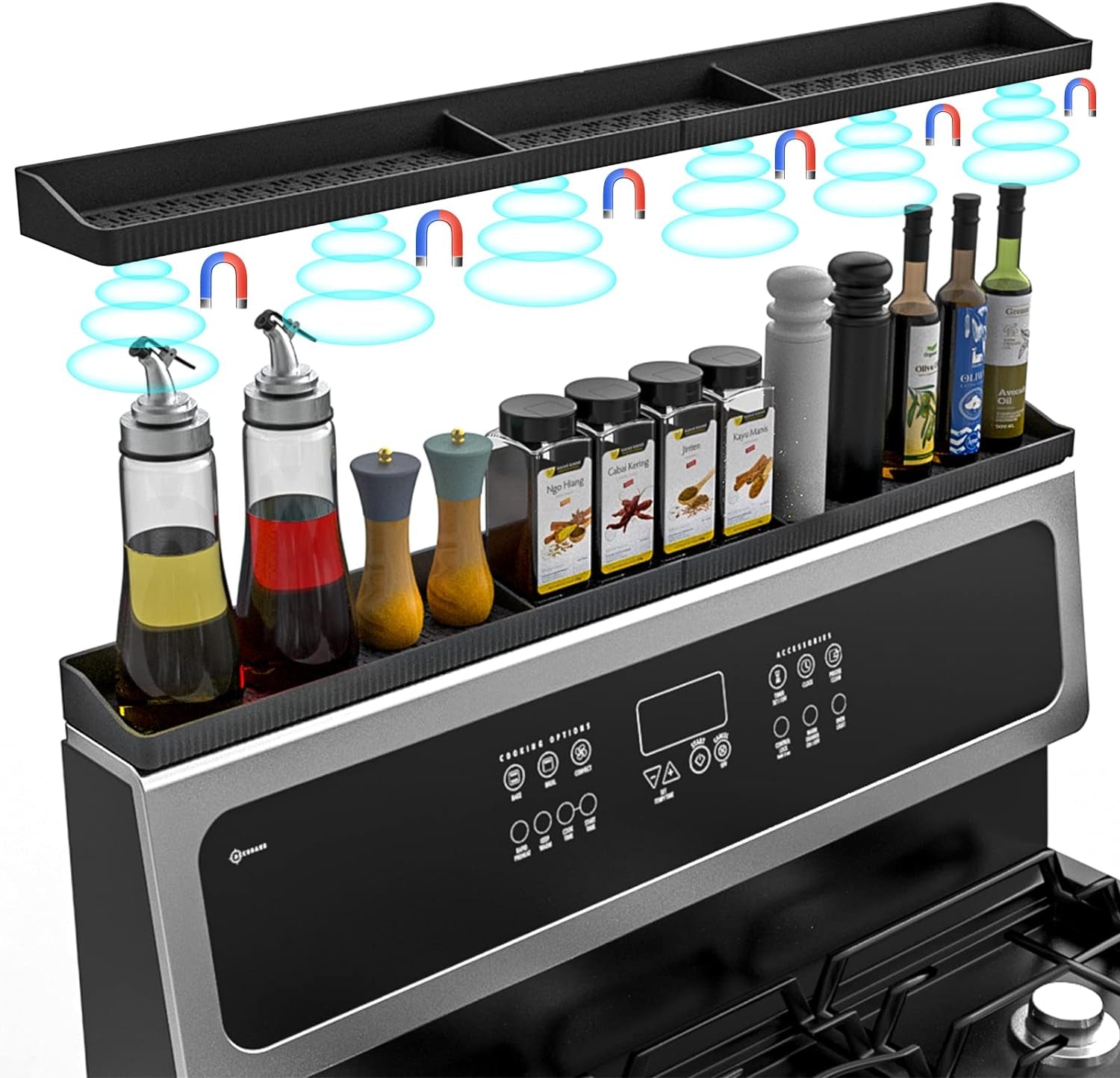 Magnetic Stove Top Shelf 30 Inch - Heat Resistant Silicone over the Stove Shelf Spice Rack Organizer - 3 Functional Partitions Kitchen Organization and Storage for Spices, Oils & Gadgets (Black)