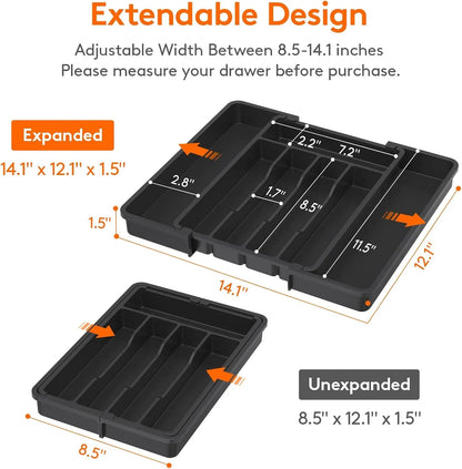 Silverware Drawer Organizer, Expandable Utensil Tray for Kitchen, BPA Free Flatware and Cutlery Holder, Adjustable Plastic Storage for Spoons Forks Knives, 8.5-14 X 12", Black