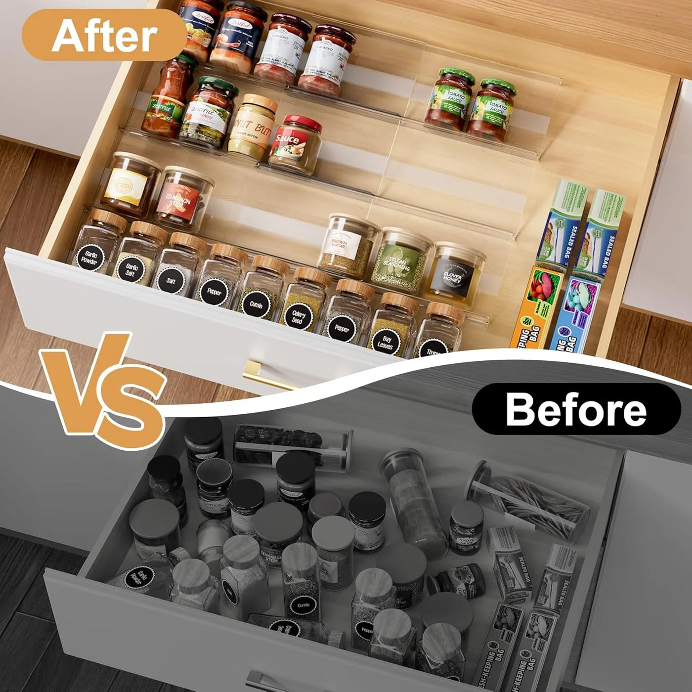 8-Pack Spice Drawer Organizer, Expandable Acrylic Seasoning Rack (13" to 26") with Anti-Slip Mat, Kitchen Spice Rack Drawer Holds up to 56 Jars (Jars Not Included)