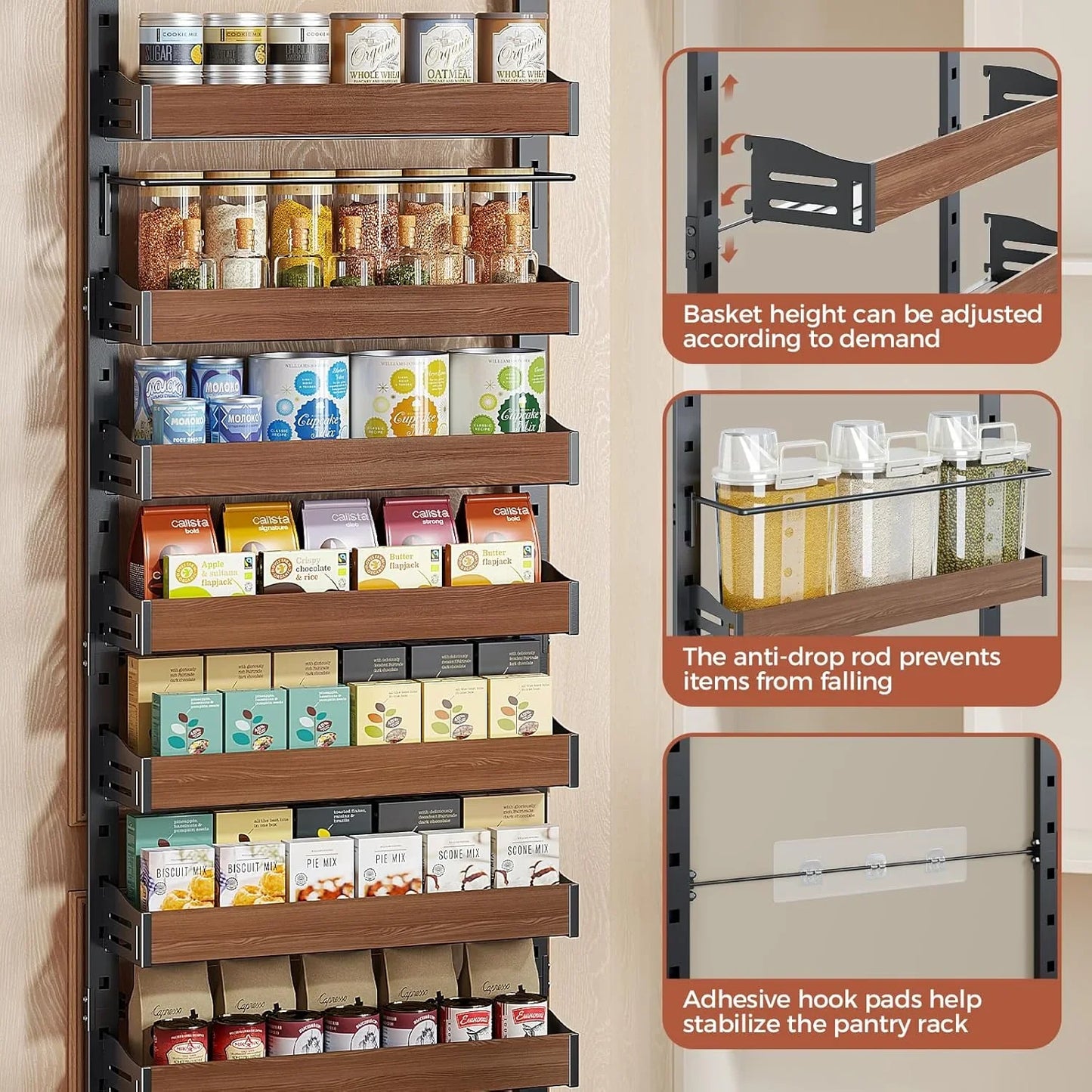 8-Tier Spice Rack Wall Mount, Heavy-Duty over the Door Pantry Organizer with Wooden Adjustable Basket, 2 in 1 Wall Mount or Hanging Pantry Door Organizer,Door Spice Rack for Pantry, Black