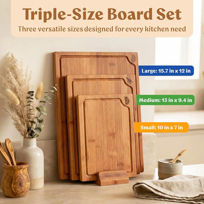 Carbonized Bamboo Cutting Boards – Cutting Board Set of 3 Heat Treated for Rich Color & Lower Moisture Absorption, Chopping Boards with Juice Groove, Non-Toxic, FSC Certified Incl. Stand