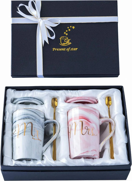 Wedding Gifts for Bride and Groom, Gifts for Bridal Shower Engagement Wedding and Married Couples Anniversary - Ceramic Marble Coffee Mugs with Real Gold Mr/Mrs Letters 14 Oz Pink