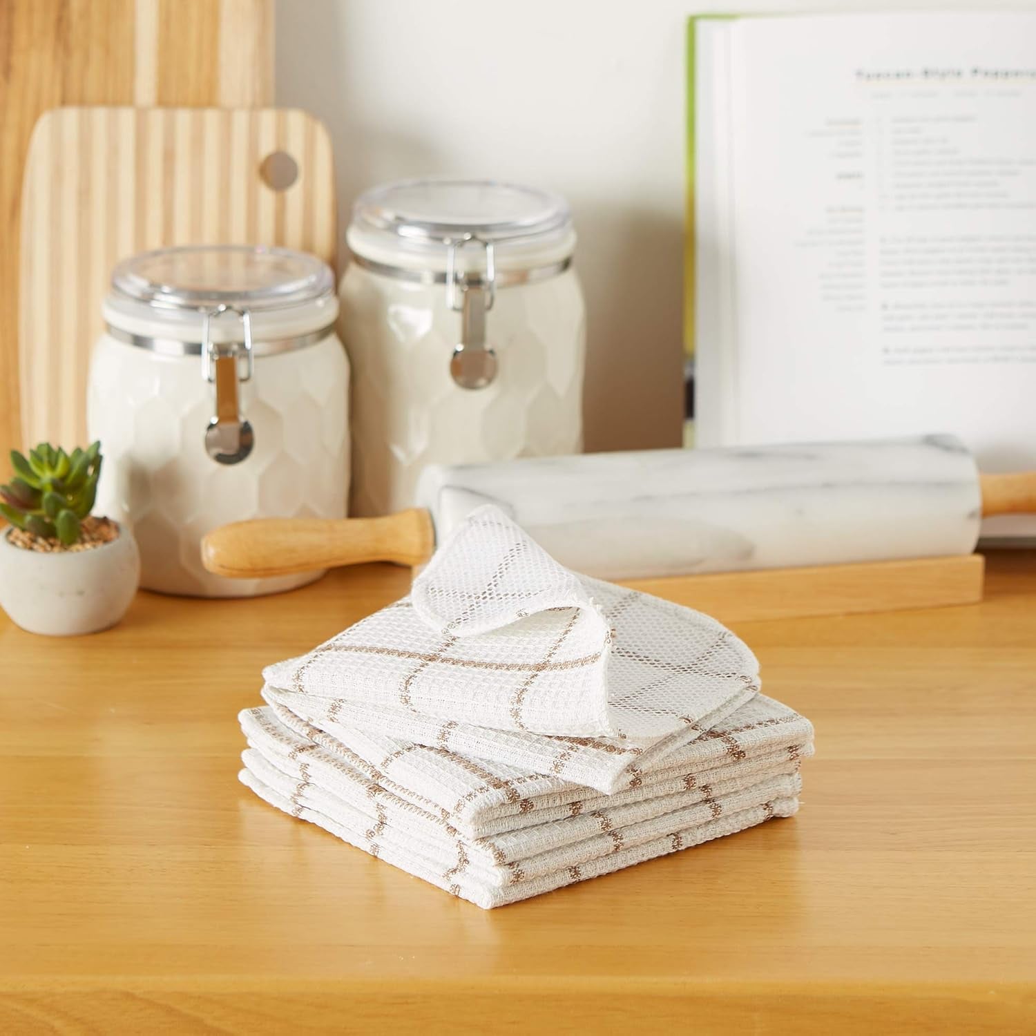 Scrubber Dishcloths Collection Windowpane Dishrag Set, 12X12, White/Stone Stripe, 6 Piece