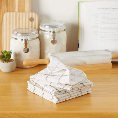 Scrubber Dishcloths Collection Windowpane Dishrag Set, 12X12, White/Stone Stripe, 6 Piece