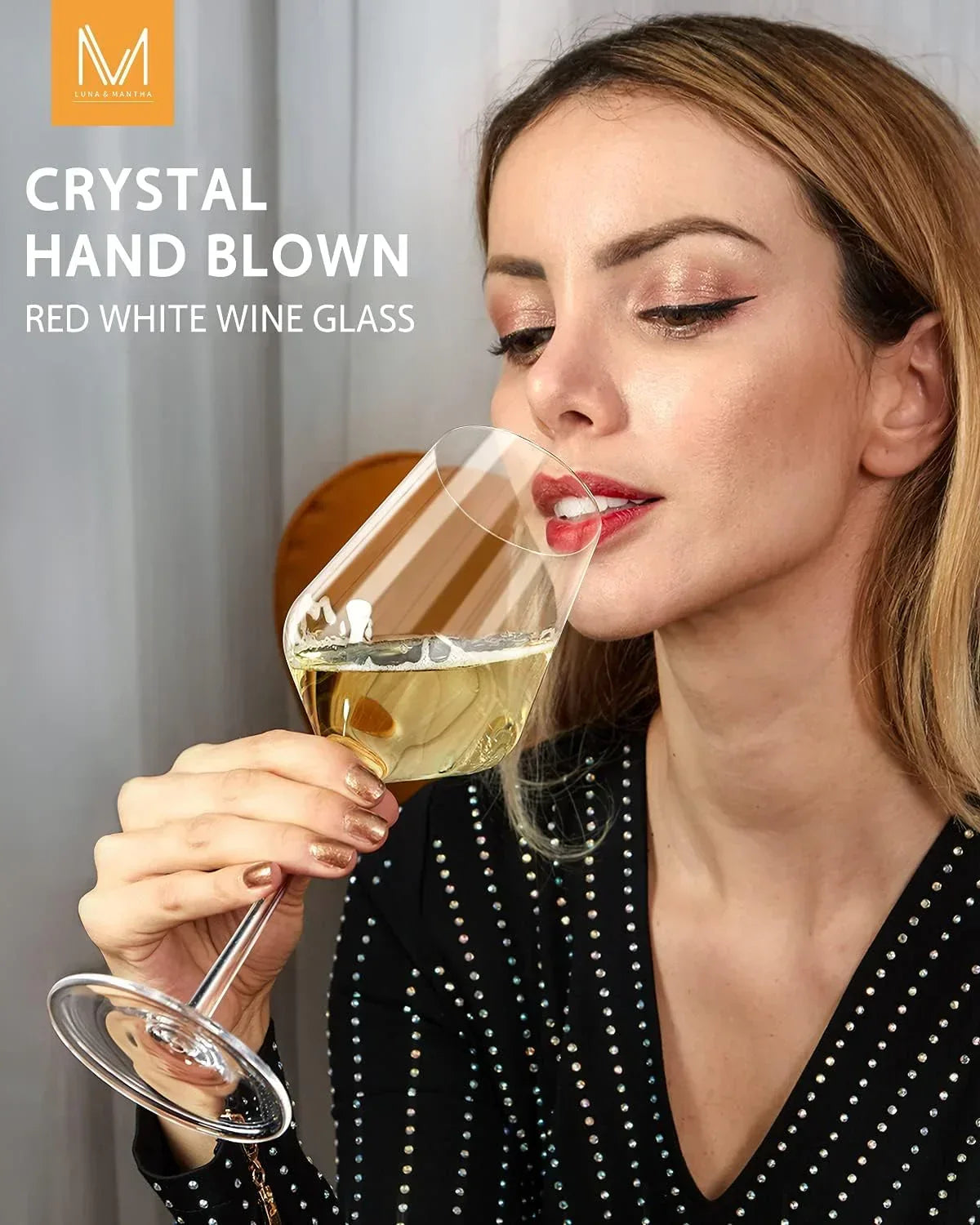 Elegant woman sipping white wine from a crystal hand-blown wine glass, perfect for dining and entertaining.