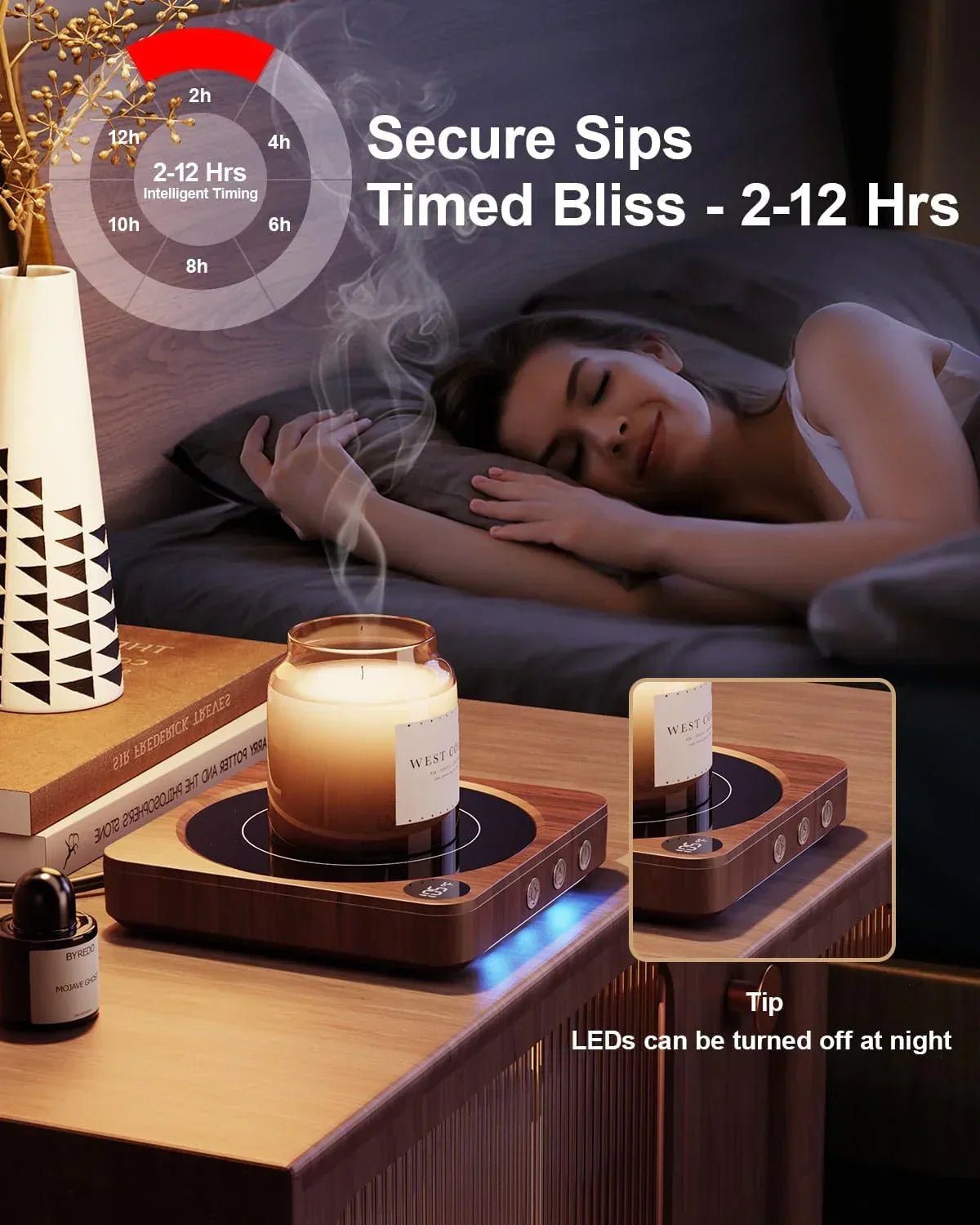 Smart candle warmer with timed bliss, 2-12 hours, LED lights, and secure sips for cozy nights