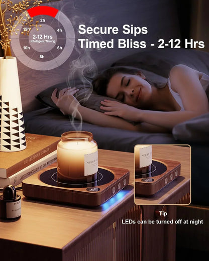 Smart candle warmer with timed bliss, 2-12 hours, LED lights, and secure sips for cozy nights