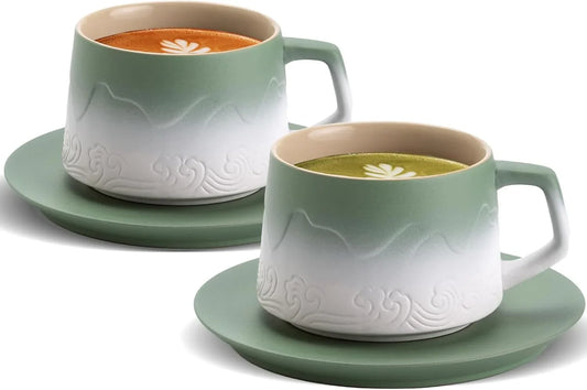 8 Ounce Artistic Cappuccino Cups Set of 2, Embossed Ceramic Coffee Mug with Saucers for Latte Art, Moss Green & White