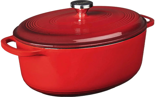 7 Quart Enameled Cast Iron Oval Dutch Oven with Lid – Dual Handles – Oven Safe up to 500° F or on Stovetop - Use to Marinate, Cook, Bake, Refrigerate and Serve – Red