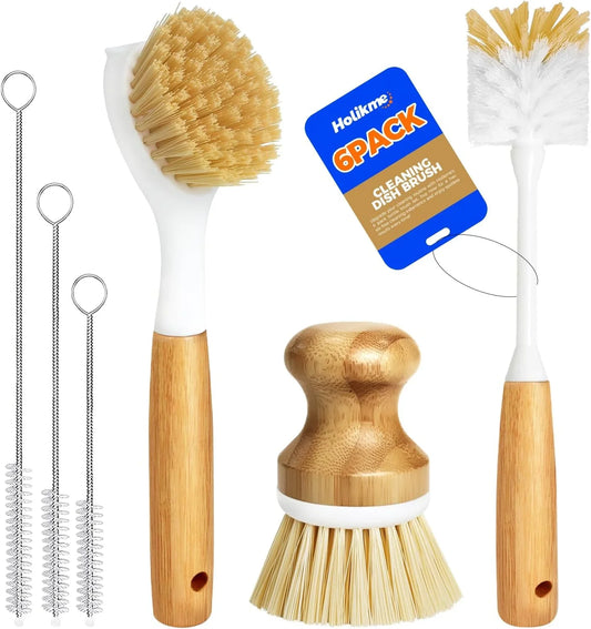 6 Pack Dish Brush Kitchen Brushes Set with Vegetable Palm Brush, Bottle Brush, Dish Brush and Straw Brush, Fruit Cleaning Brushes for Cleaning Potato Skillet Wok Pot Pan Cast Iron, Yellow