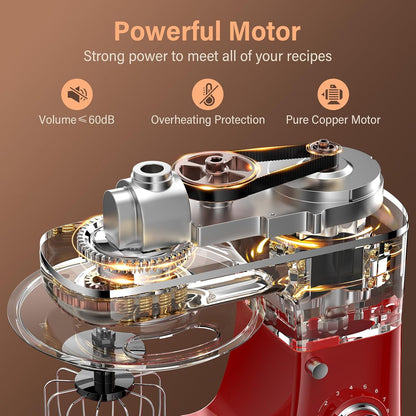 Stand Mixer, 3-In-1 8-Speed 660W 6.5QT Tilt-Head Food Mixer, Electric Mixer with Bowl, Dough Hook, Whisk and Beater, Kitchen Mixer for Baking, Cake and Most Home Cooks, Red