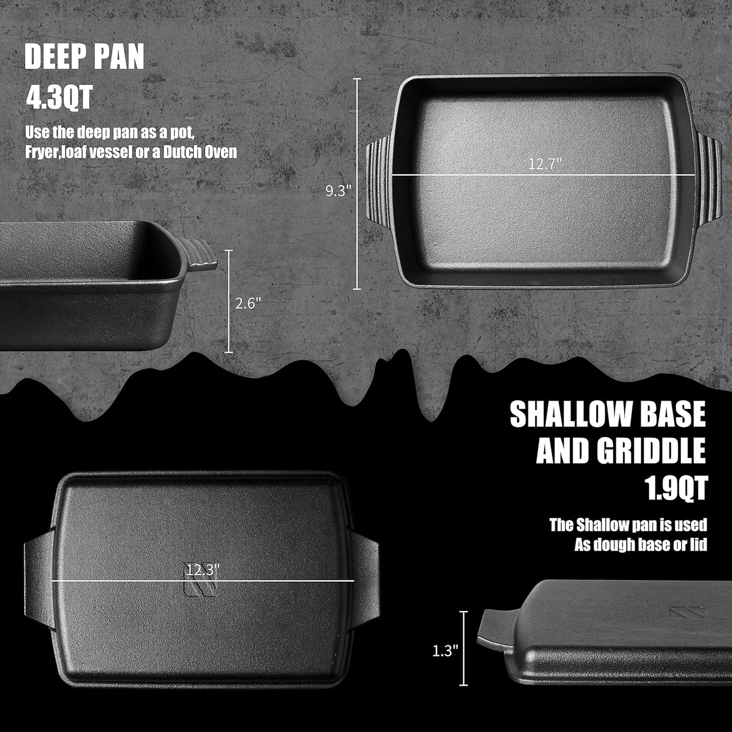2-In-1 Pre Seasoned Cast Iron Dutch Oven with Skillet Lid,Casserole Dish,Rectangular Baking Pan,Griddle Pot Set, 6QT, 9"X13"