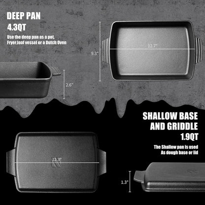 2-In-1 Pre Seasoned Cast Iron Dutch Oven with Skillet Lid,Casserole Dish,Rectangular Baking Pan,Griddle Pot Set, 6QT, 9"X13"