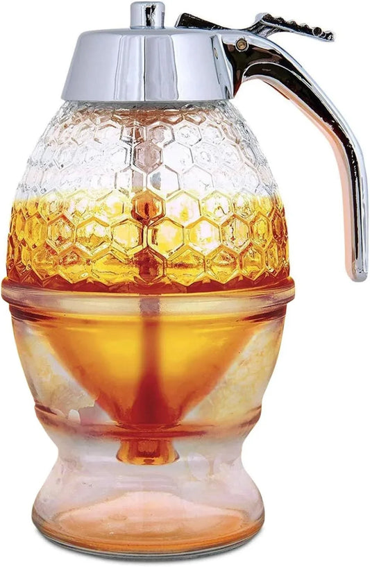 8Oz No Drip Glass Honey Dispenser with Plastic Top - Honeycomb-Style Syrup Server and Bee-Themed Storage Jar with Stand - 6"