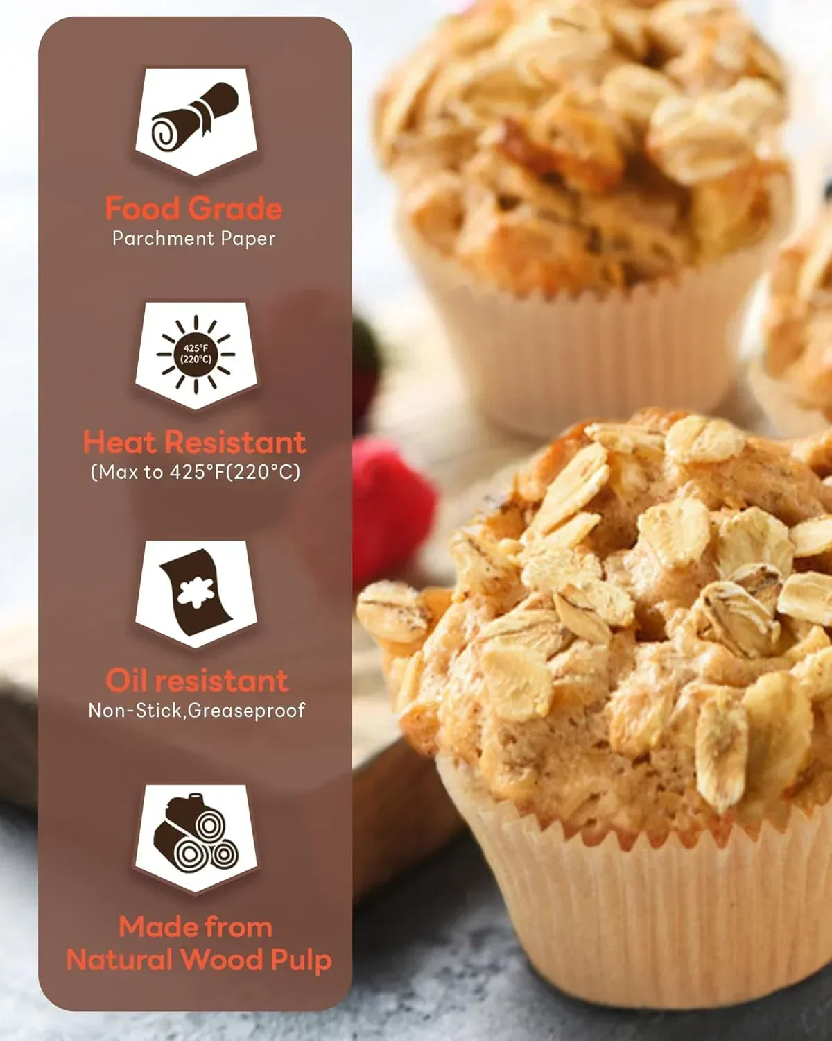 Food grade parchment paper for baking muffins, heat resistant up to 425°F, oil resistant, made from natural wood pulp