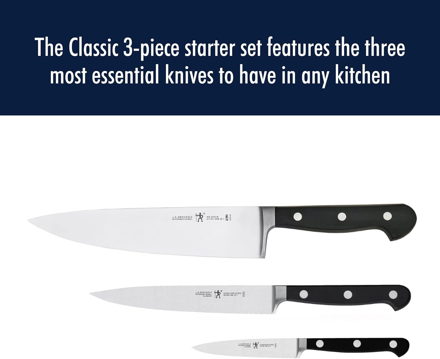 Classic Razor-Sharp 3-Piece Kitchen Knife Set, Chef Knife, Paring Knife, Utility Knife, German Engineered Informed by 100+ Years of Mastery, Stainless Steel