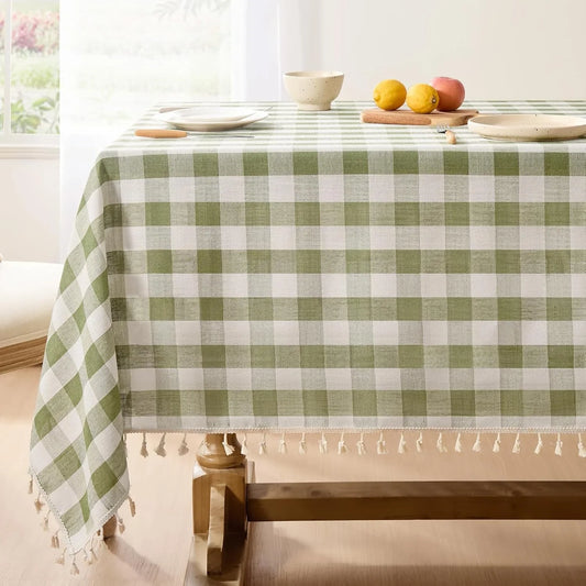 Outdoor Checkered Tablecloth Rectangle, Spring Summer Linen Cotton Gingham Table Cloth with Tassel, Heavy Duty Wrinkle Free Buffalo Plaid Table Cover for Picnic Camping - 55 X 84 Inch, Sage