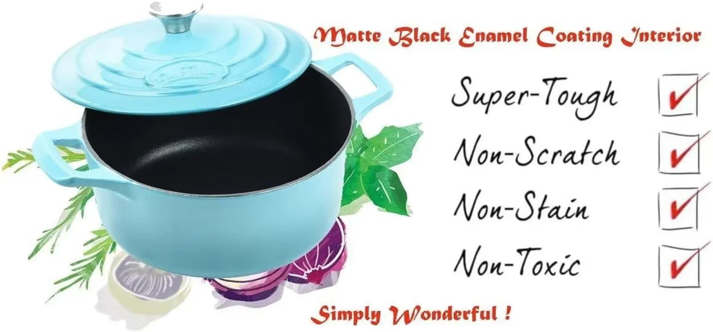 Light blue enameled cast iron Dutch oven with matte black interior, non-toxic and scratch-resistant for everyday cooking.