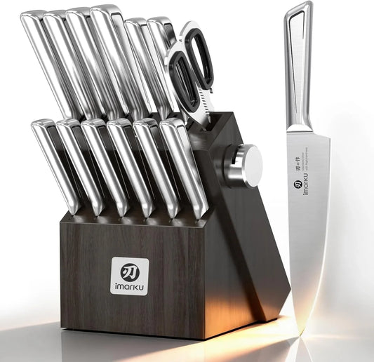 Knife Kitchen Sets, Japanese Stainless Steel 14 Pcs Knife Block Set,Chef Knives with Built-In Sharpener, Dishwasher Safe, Non-Slip Ergonomic Handle,Deba Knife for Fish, Essential Home Gift