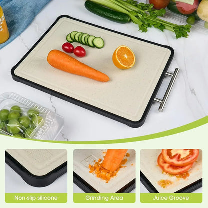 Non-slip kitchen cutting board with grinding area and juice groove, holding carrot, cucumber, tomato, and orange.