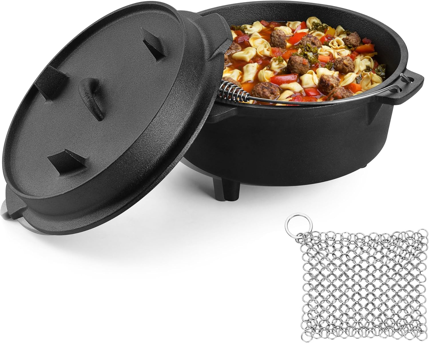5QT Cast Iron Dutch Oven with Stainless Steel Scrubber,  2-In-1 Pre-Seasoned Camping Pot, Heavy Duty Campfire Pot with Feet for Outdoor Stovetop Griddle Cooking Baking Roasting Stewing