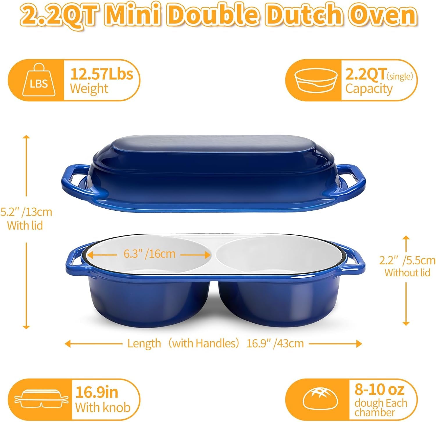 Mini Double Dutch Oven for Sourdough Bread Baking, 2.2QT Enameled Cast Iron Dutch Oven Pot with Lid, Non Stick Dual round Bread Loaf Pan, 500°F Oven Safe, Sourdough Baking Pan for Homemade Baking