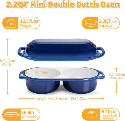 Mini Double Dutch Oven for Sourdough Bread Baking, 2.2QT Enameled Cast Iron Dutch Oven Pot with Lid, Non Stick Dual round Bread Loaf Pan, 500°F Oven Safe, Sourdough Baking Pan for Homemade Baking