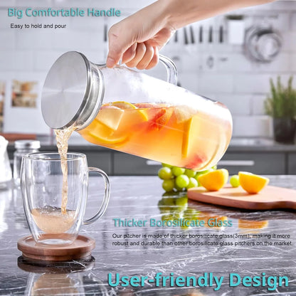 2 Liter 68 Oz Glass Pitcher with Lid and Handle, Glass Carafe for Hot/Cold Water, Large Iced Tea Pitcher for Coffee, Juice and Homemade Beverage