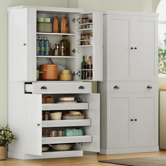 Kitchen Pantry Cabinet 72" Height, Freestanding Cupboard with Drawer, Sliding Storage Rack, and 6 Hanging Shelves for Dining Room, Laundry, White