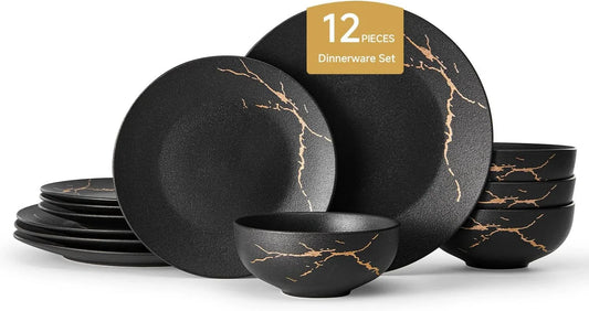 Porcelain Dinnerware Sets for 4 Plates and Bowls Sets 12 Piece Matte Black Gold Vein Dish Set Scratch Resistant Dinner Salad Plate Dishware for Family Wedding Party Daily