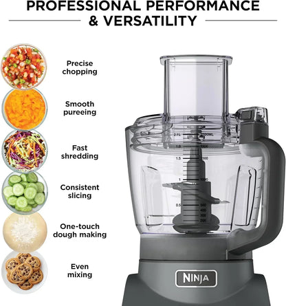 Ninja food processor with precise chopping, smooth pureeing, fast shredding, consistent slicing, dough making, and even mixing functions