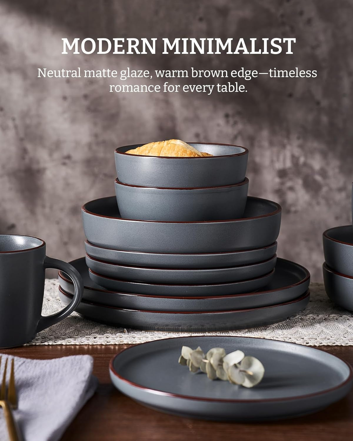Mercury Dinnerware Sets with Mugs, Service for 4 (16 Pieces), Plates and Bowls Sets, Microwave and Dishwasher Safe Dishes Set, Charcoal