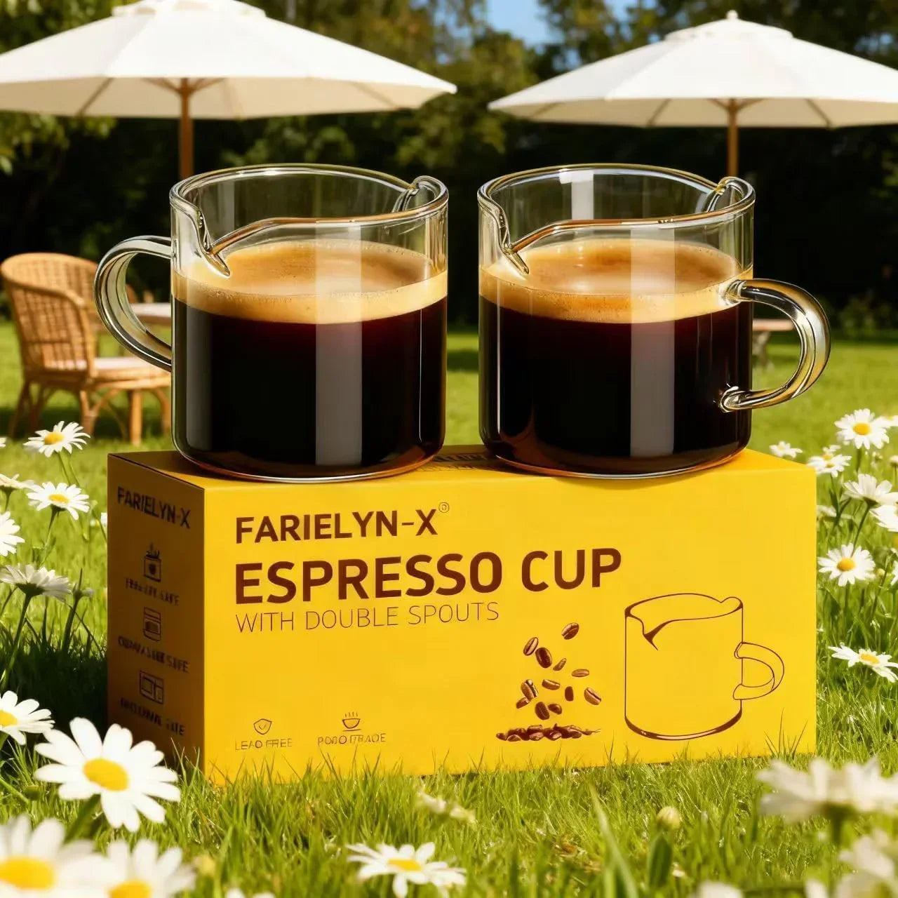 Farielyn-X espresso cups with double spouts, filled with coffee, on yellow box in garden with daisies