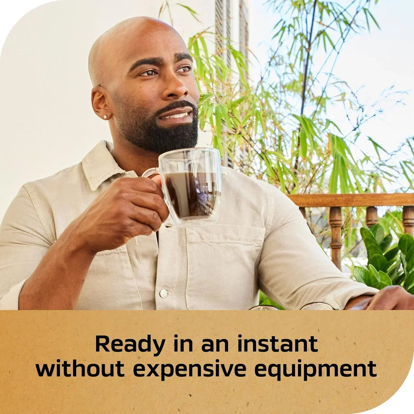 Man enjoying coffee with simple kitchen tools, ready instantly without expensive equipment