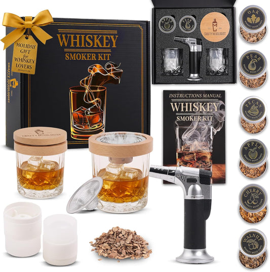 Whiskey Smoker Kit with Torch – 6 Wood Chip Flavors & 2 Glasses – Cocktail Smoker Infuser Set for Old Fashioned and Bourbon– Birthday Gifts for Dad, Men, Husband and Boyfriend(Butane Not Included)