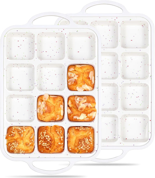 2 Pcs Brownie Pan with Dividers Silicone Nonstick Mini Individual 12 Cup Square Muffin Cupcake Pans with Metal Reinforced Frame(Cream)