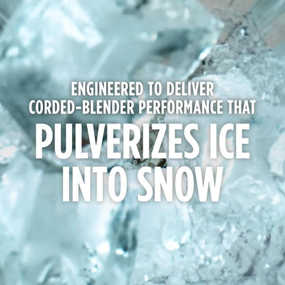 Blender pulverizing ice into snow for smoothies and drinks