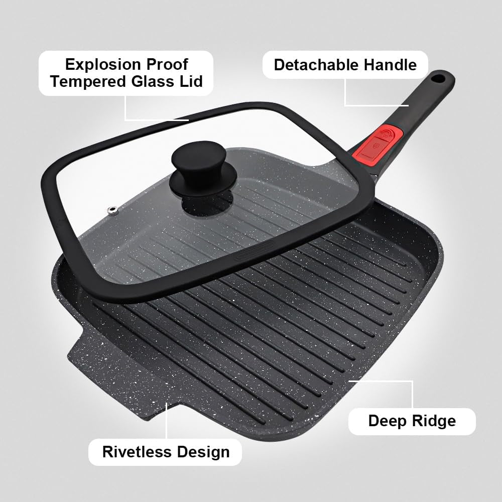 Griddle Pan with Lid, 10 Inch Cast Aluminium Non Stick Grill Pan with Detachable Handle for Induction Hob, Black